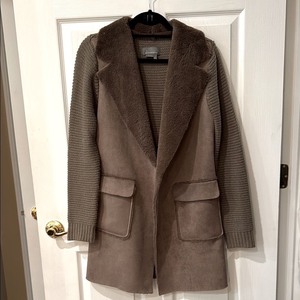 Anthropology Women's Taupe Coat with Knit Sleeves